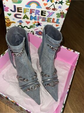 Jeffrey Campbell Gray Denim Studded Pointed-Toe Ankle Boots